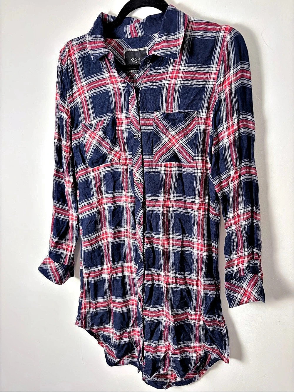 RAILS Navy Red Plaid Long Sleeve Button Front Tunic Shirt Dress Small